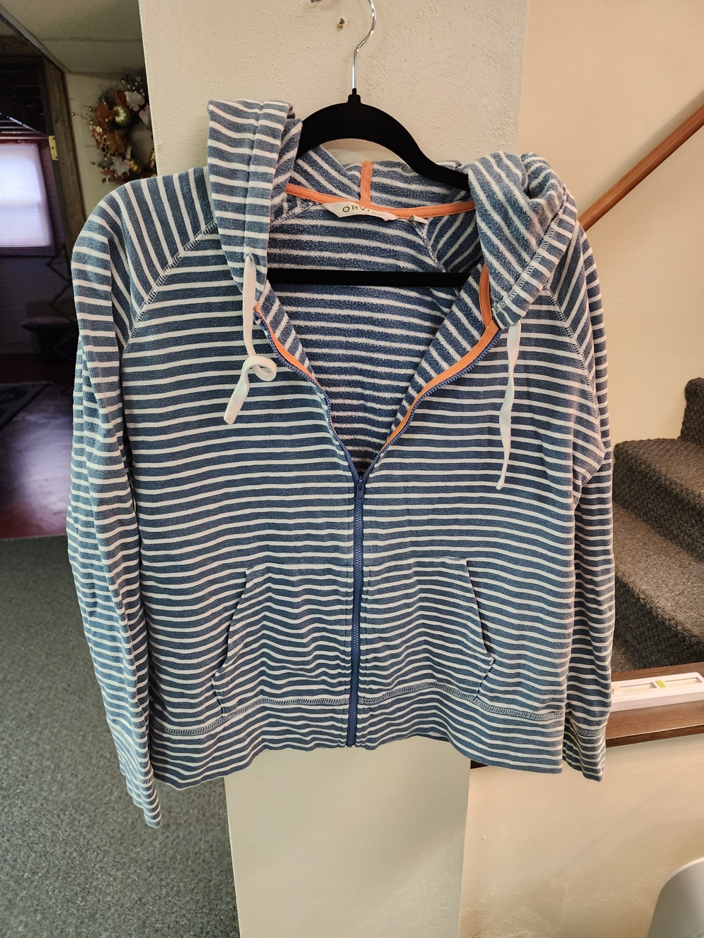 Orvis Sz L Striped Blue & White Womens Zip Hoodie